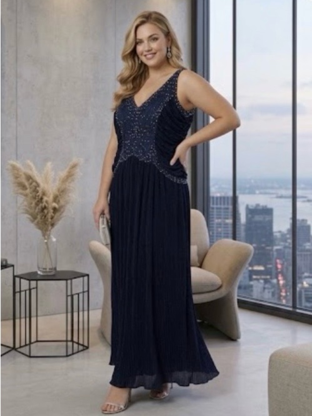 🔴 Elegant Navy Beaded V-Neck Evening Dress